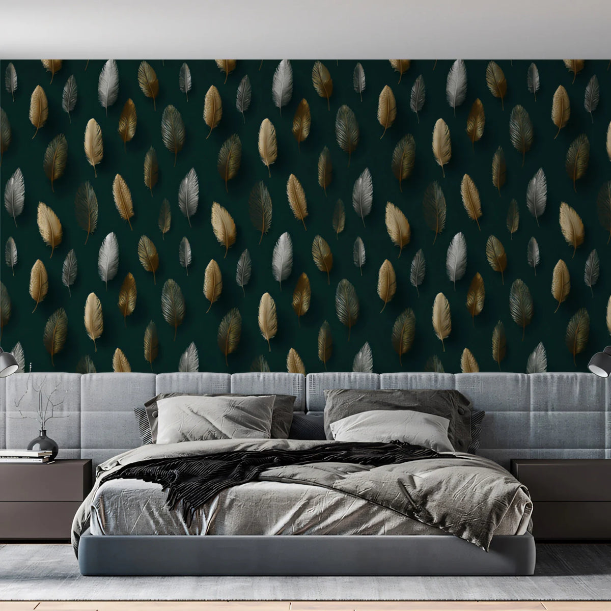Floating Feather Mural Wallpaper — Modern Metallic Gold and Silver Mural Wallpaper - room preview 02