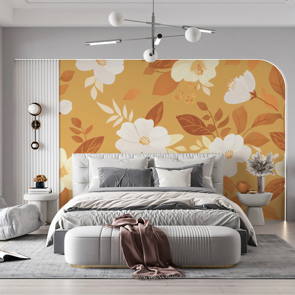 Autumn Botanical Mural Wallpaper — Warm Mustard and White Floral Mural Wallpaper - room preview 02