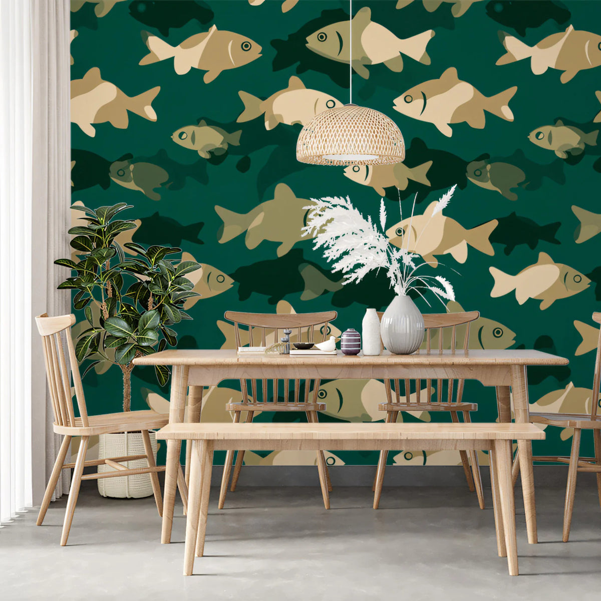 Graphic Fish Pattern Mural Wallpaper — Deep Teal and Sand Beige Mural Wallpaper - room preview 02