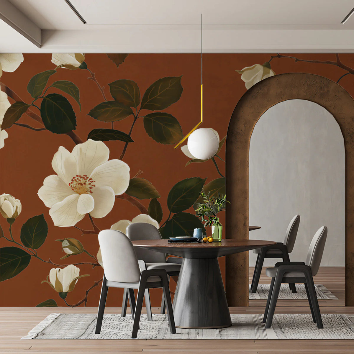 White Blossom Mural Wallpaper — Terracotta Botanical Art Mural Wallpaper - room preview 02