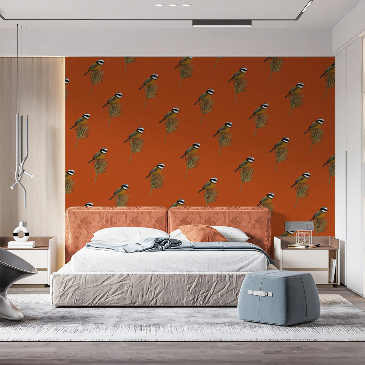 Small Botanical Bird Mural Wallpaper — Burnt Orange Folk Art Mural Wallpaper - room preview 02