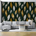 Gilded Feather Mural Wallpaper — Modern Metallic Botanical Mural Wallpaper - room preview 02