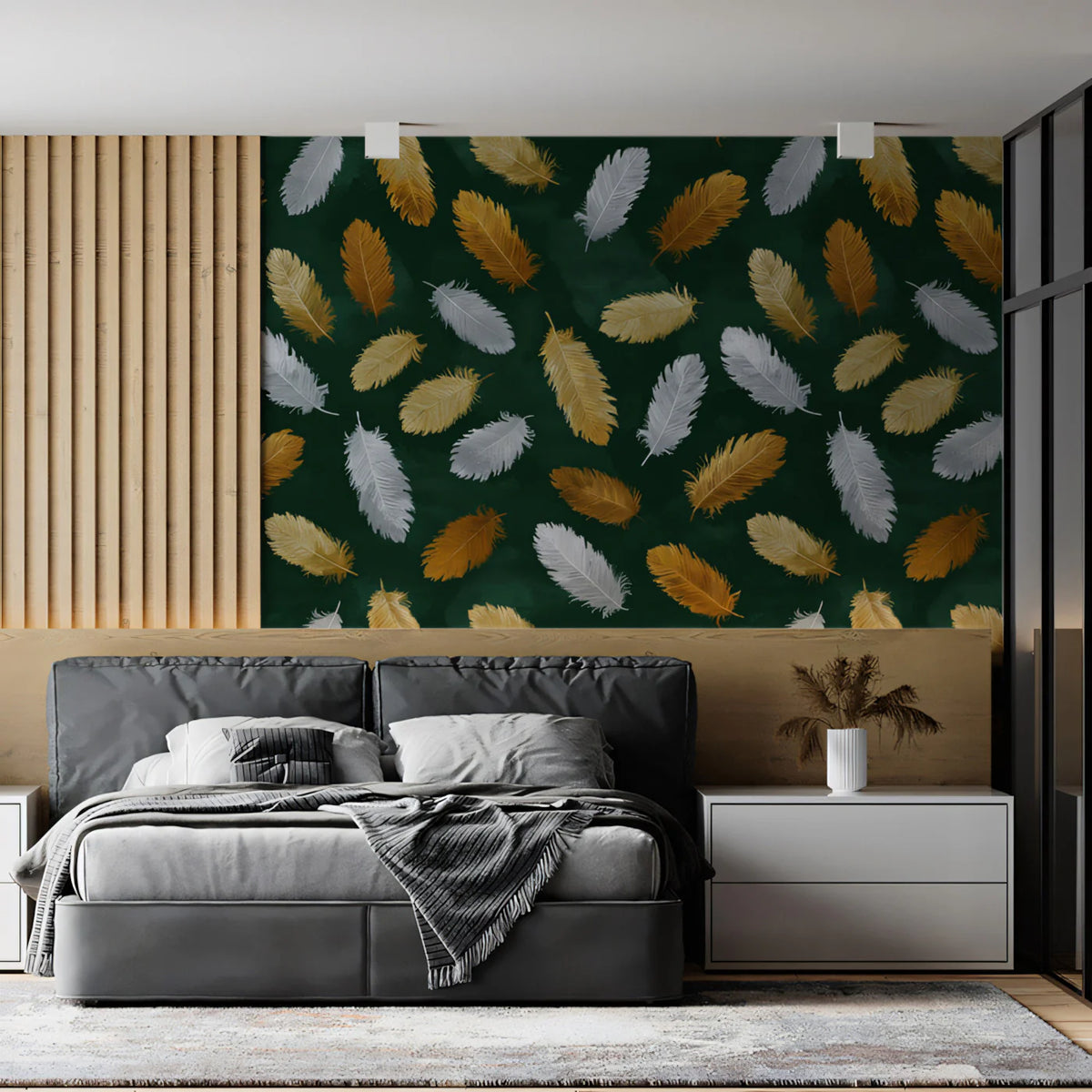 Floating Feather Mural Wallpaper in Deep Emerald and Metallic Gold Mural Wallpaper - room preview 02