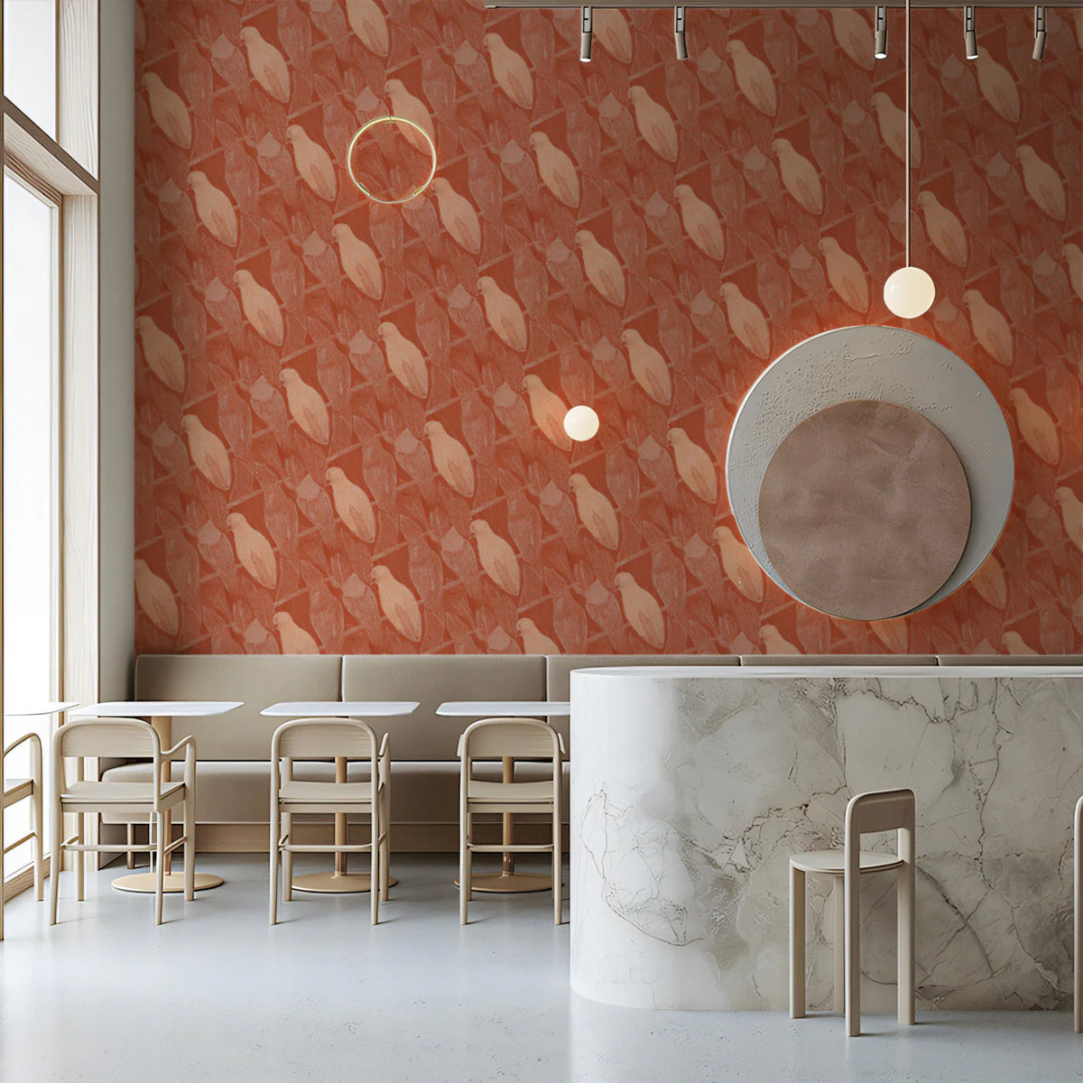 Stylized Bird Mural Wallpaper — Terracotta Botanical Pattern Mural Wallpaper - room preview 02