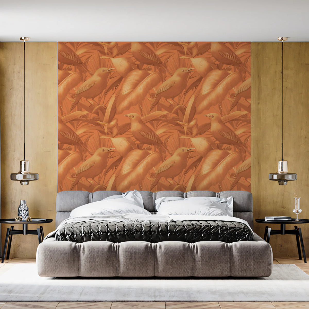 Monochromatic Bird and Leaf Mural Wallpaper —Warm Rustic Botanical Mural Wallpaper - room preview 02