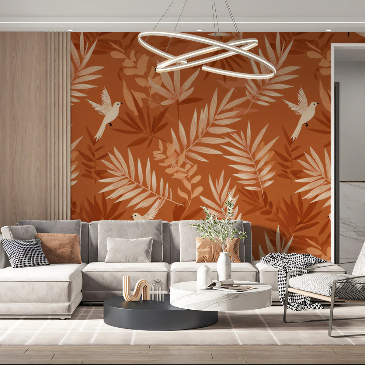 Terracotta Botanical Bird Mural Wallpaper — Artistic Nature Print Mural Wallpaper - room preview 02