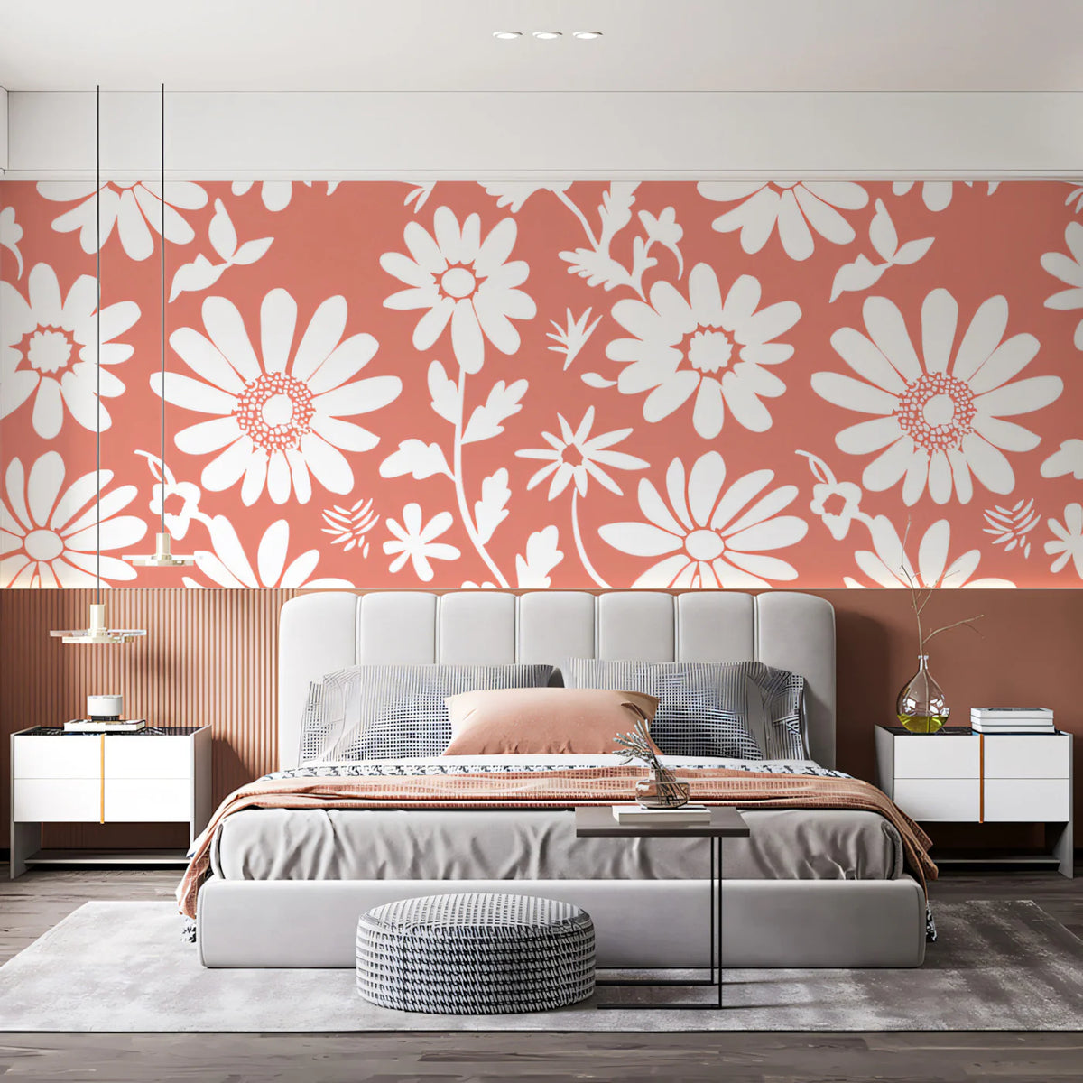 Retro Daisy Floral Mural Wallpaper —Bright Coral and White Mural Wallpaper - room preview 02