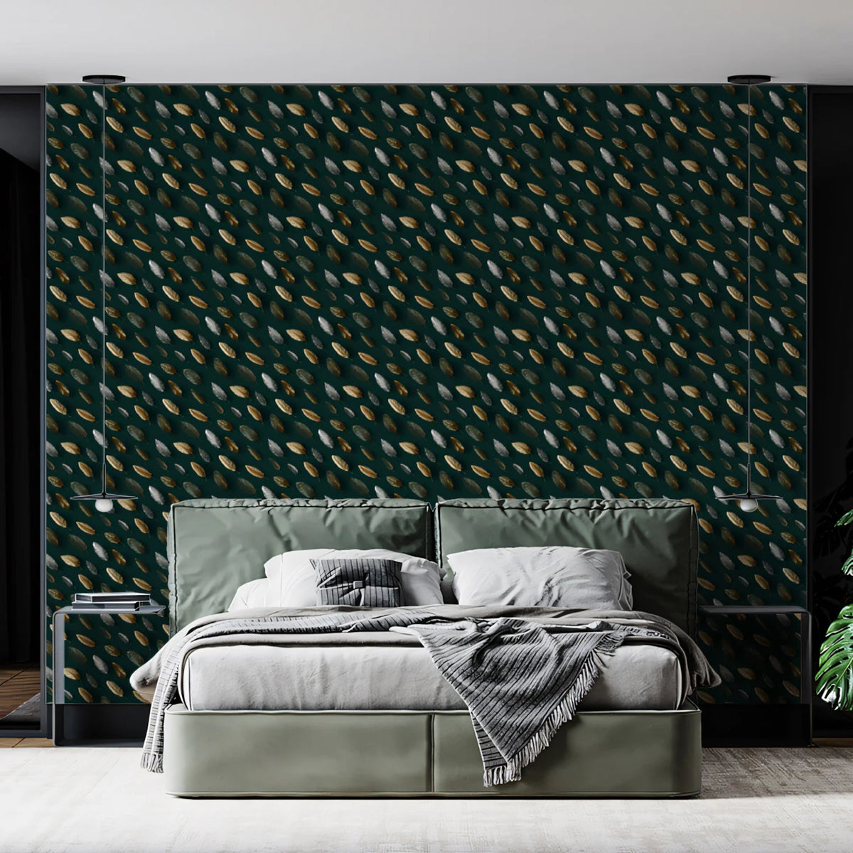 Small Scale Botanical Leaf Mural Wallpaper in Deep Forest Green Mural Wallpaper - room preview 02