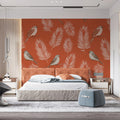 Rustic Bird and Botanical Mural Wallpaper — Warm Terracotta Mural Wallpaper - room preview 02