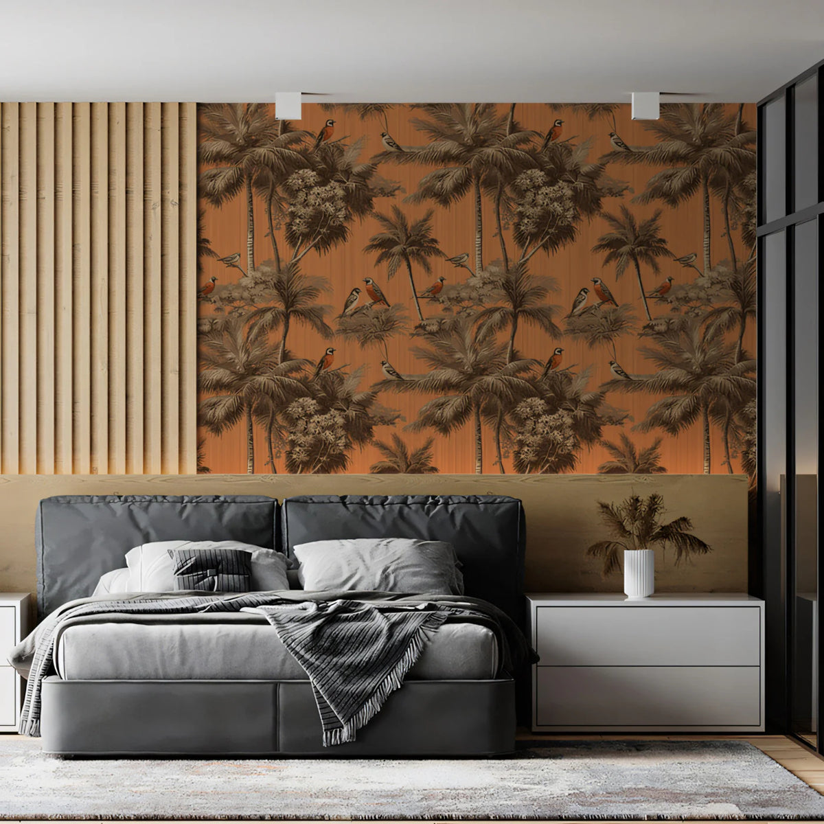 Tropical Birds and Palms Mural Wallpaper — Terracotta Botanical Mural Wallpaper - room preview 02