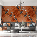 Birds and Botanical Leaf Mural Wallpaper — Vibrant Terracotta Print Mural Wallpaper - room preview 02