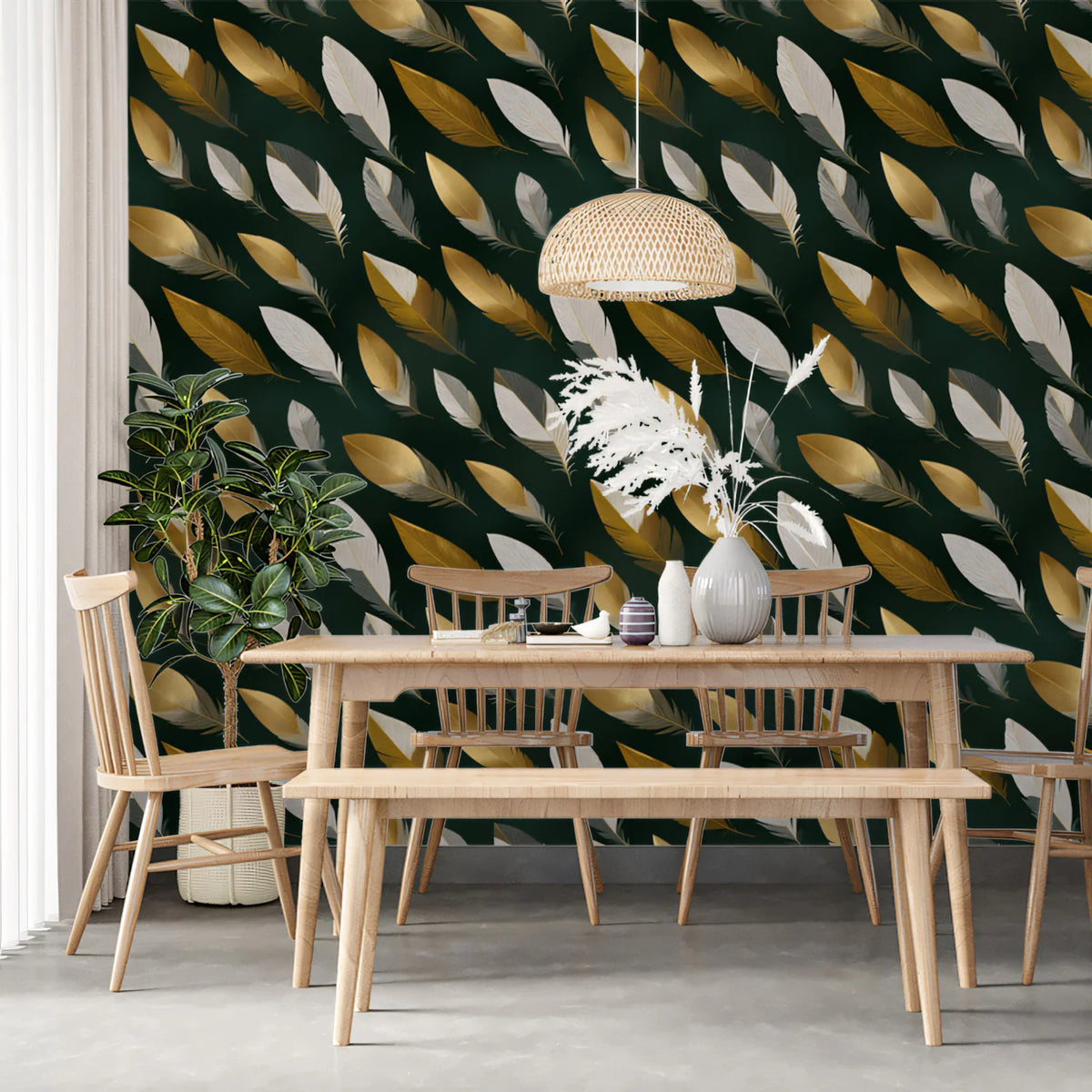 Gilded Feather Pattern Mural Wallpaper — Deep Green Botanical Mural Wallpaper - room preview 02