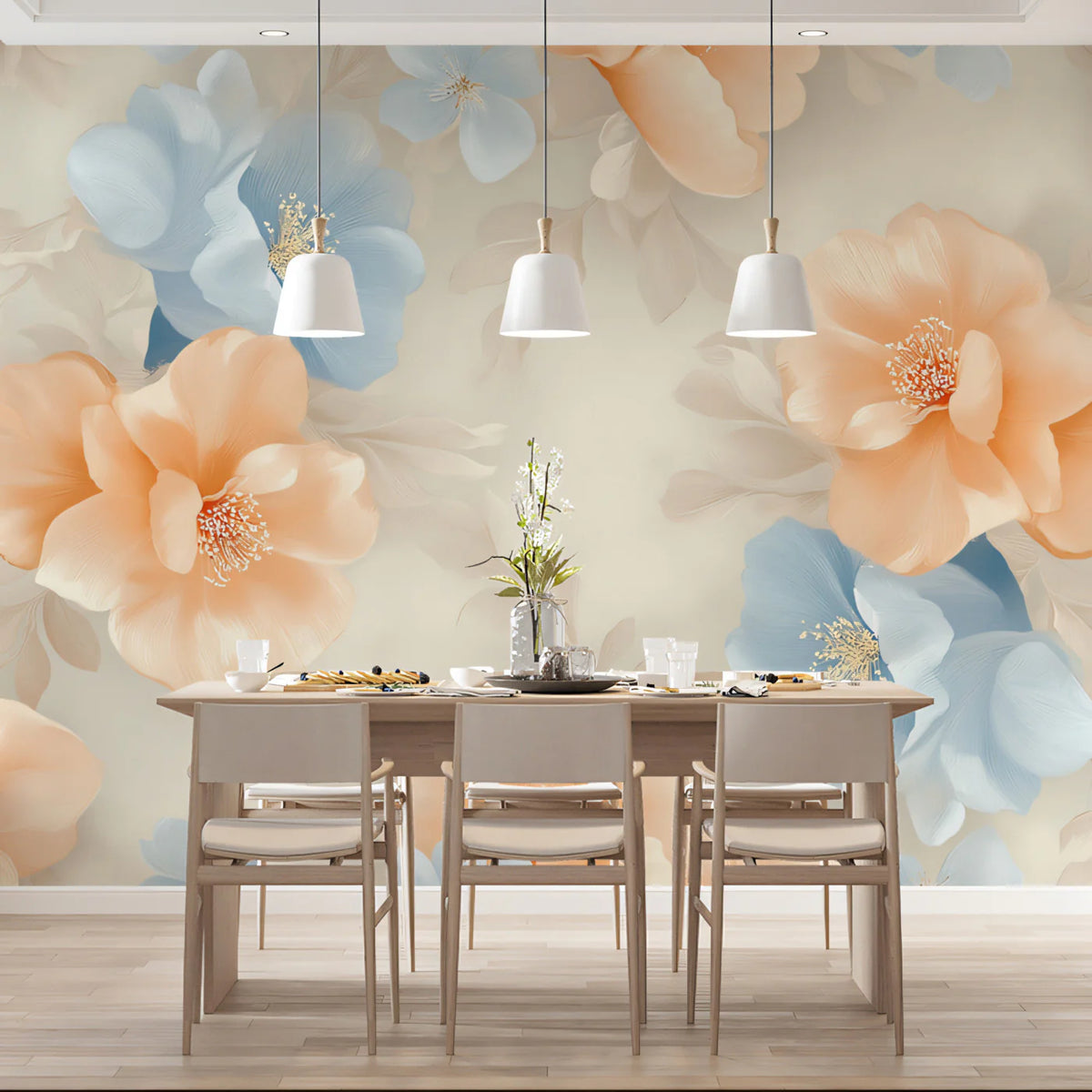 Blossom Bloom Mural Wallpaper — Soft Peach and Sky Blue Floral Mural Wallpaper - room preview 02