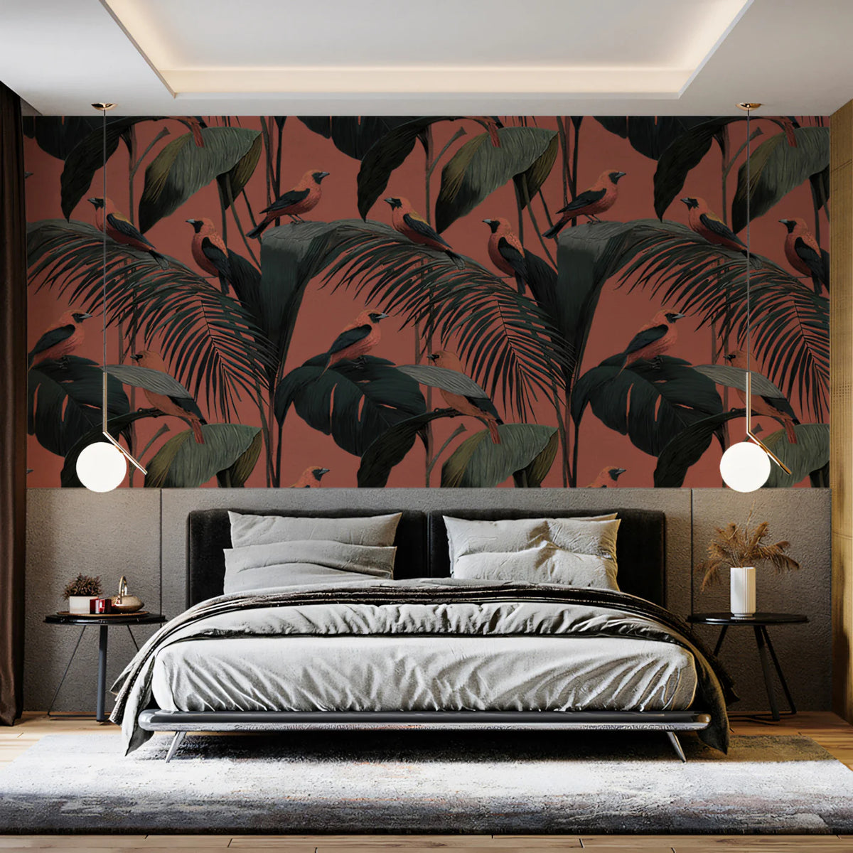 Tropical Bird and Palm Frond Mural Wallpaper in Terracotta Mural Wallpaper - room preview 02