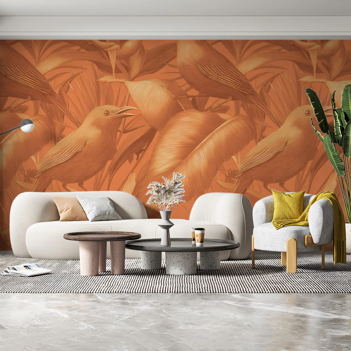 Monochrome Tropical Bird Mural Wallpaper in Burnt Orange Mural Wallpaper - room preview 02