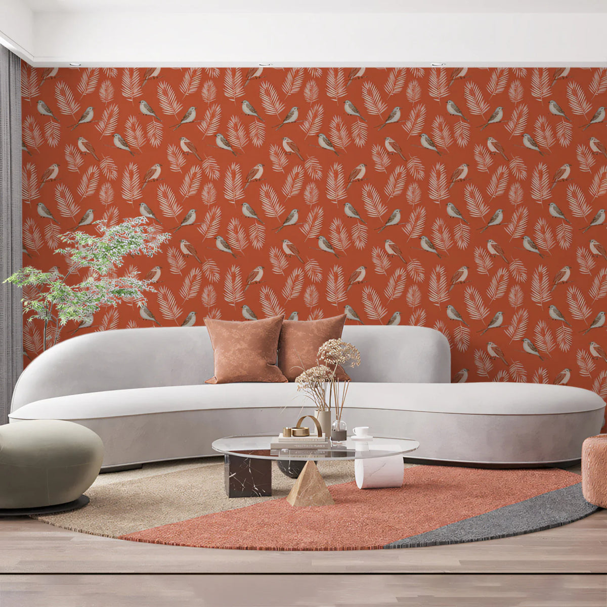 Terracotta Botanical Bird Mural Wallpaper — Classic Small-Scale Print Mural Wallpaper - room preview 02