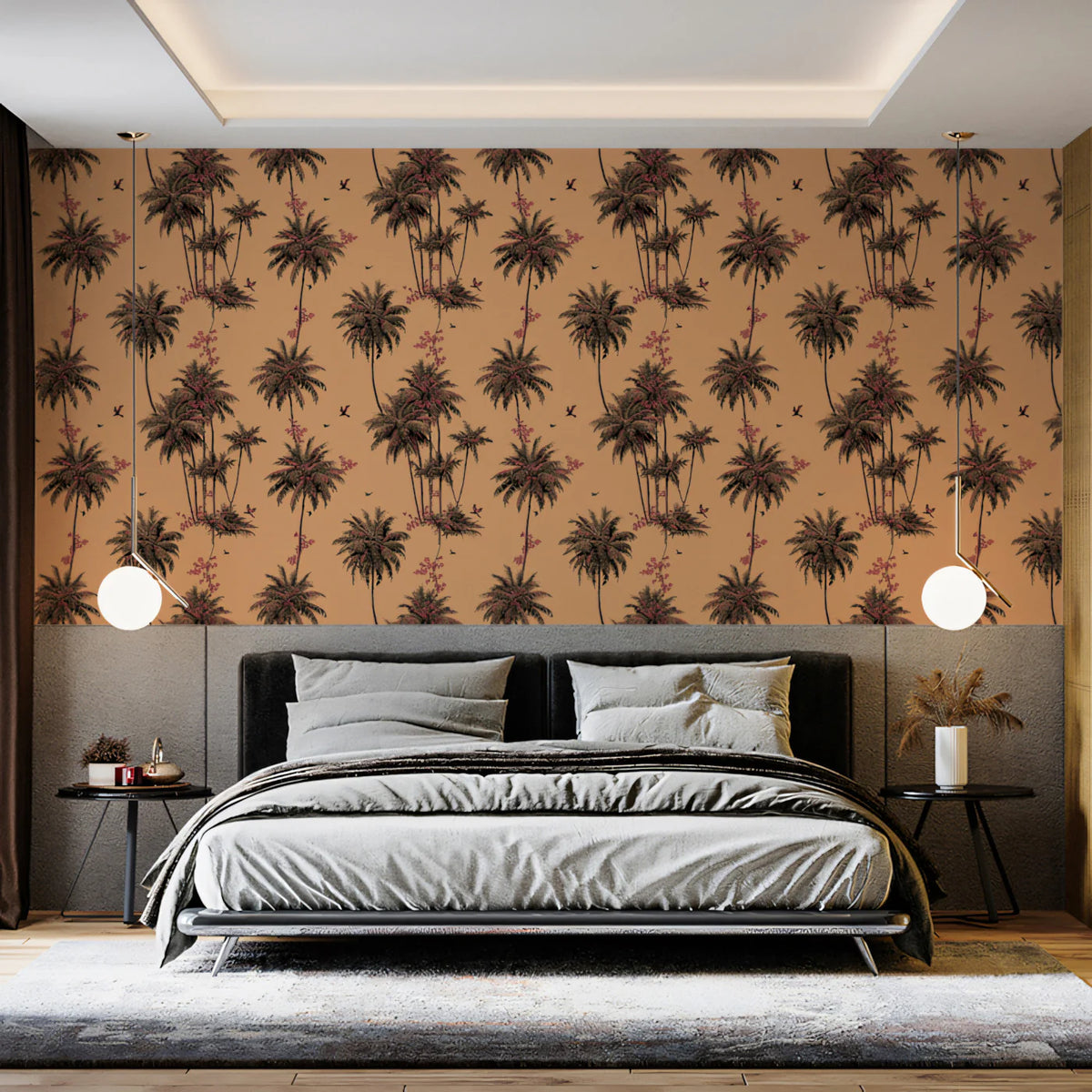 Vintage Palm Tree Mural Wallpaper — Soft Peach Tropical Print Mural Wallpaper - room preview 02