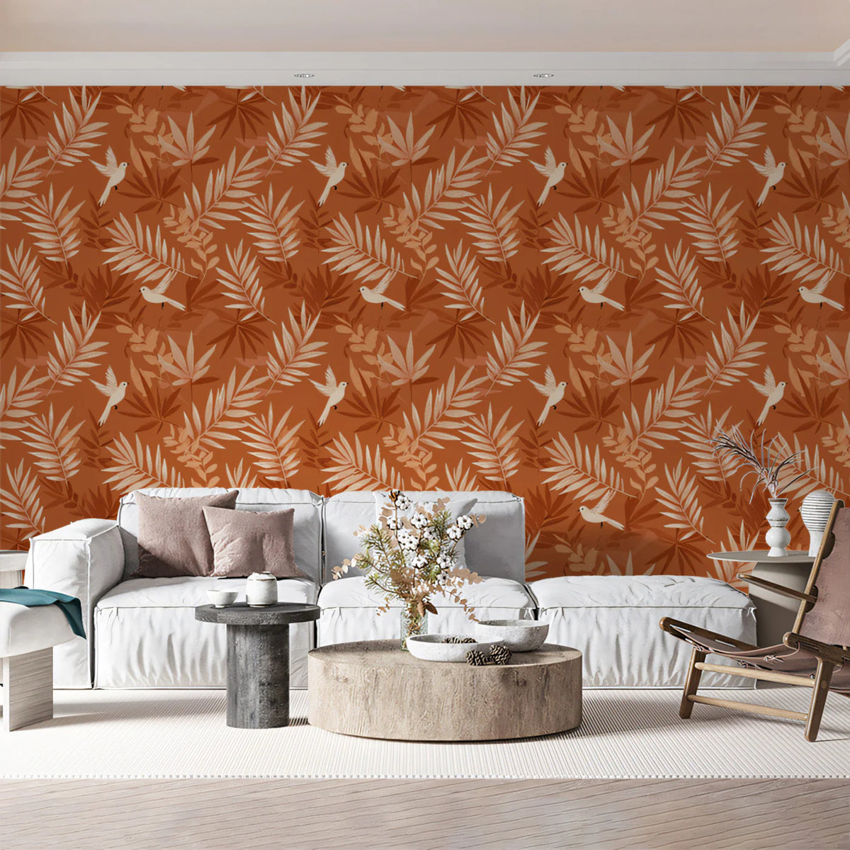 Small-Scale Tropical Bird Mural Wallpaper — Warm Terracotta Print Mural Wallpaper - room preview 02