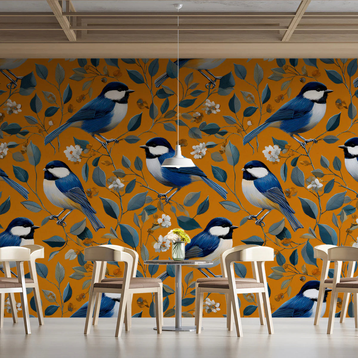 Blue Songbird Mural Wallpaper — Vintage Mustard Floral Print Mural Wallpaper - room preview 02