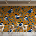 Blue Songbird Mural Wallpaper — Vintage Mustard Floral Print Mural Wallpaper - room preview 02