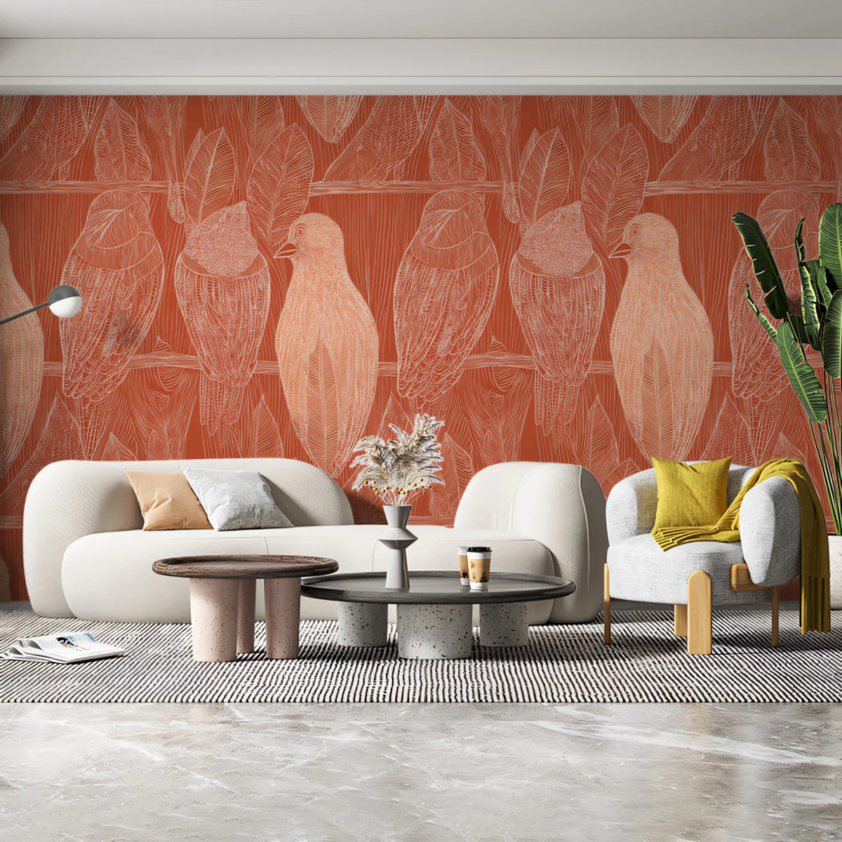 Stylized Bird and Feather Mural Wallpaper — Warm Terracotta Print Mural Wallpaper - room preview 02