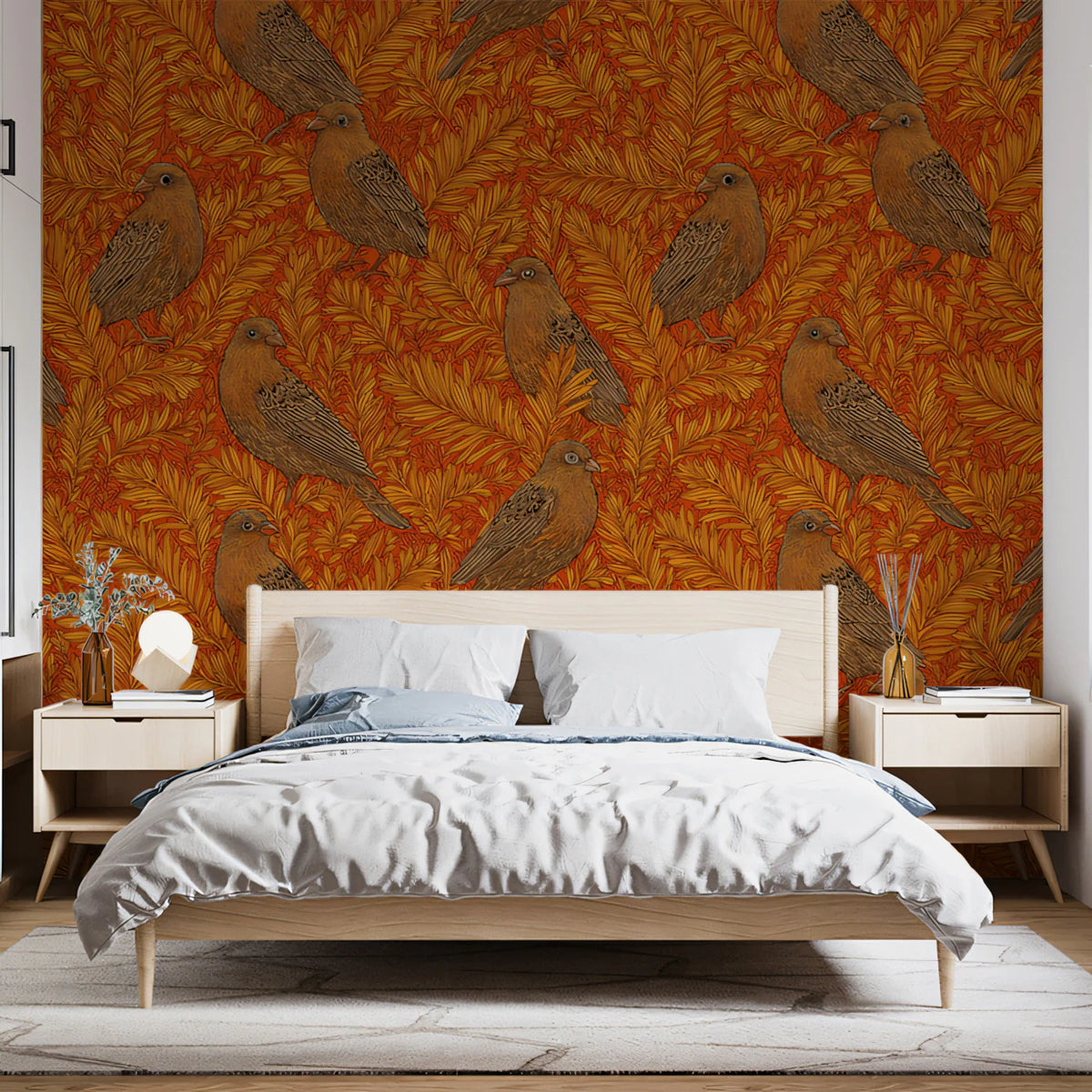 Vintage Botanical Bird Mural Wallpaper —Warm Autumnal Print Mural Wallpaper - room preview 02