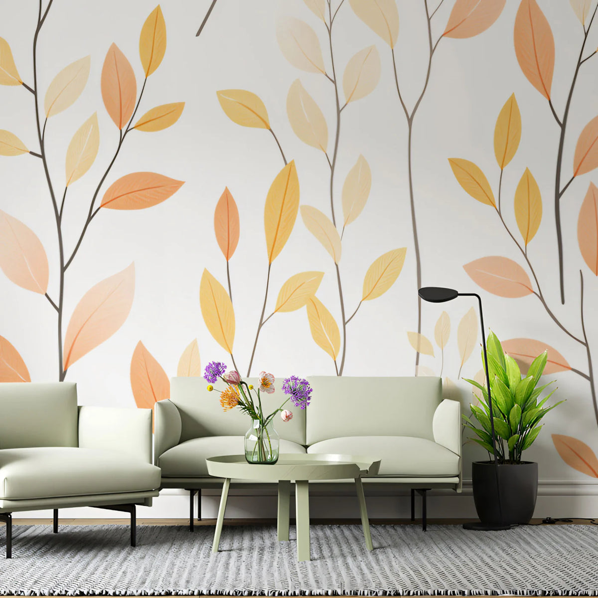 Minimalist Botanical Branch Mural Wallpaper in Soft Peach and Ochre Mural Wallpaper - room preview 02