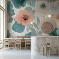 Teal and Peach Floral Mural Wallpaper — Painterly Botanical Design Mural Wallpaper - room preview 02