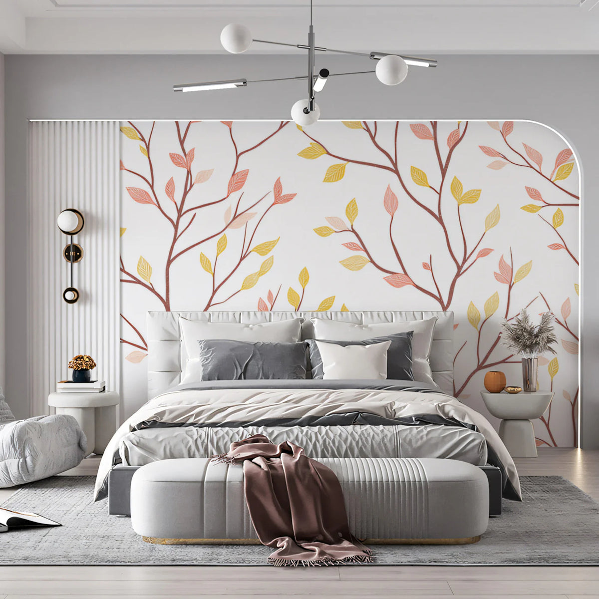 Minimalist Twig and Leaf Mural Wallpaper — Soft Botanical Print Mural Wallpaper - room preview 02