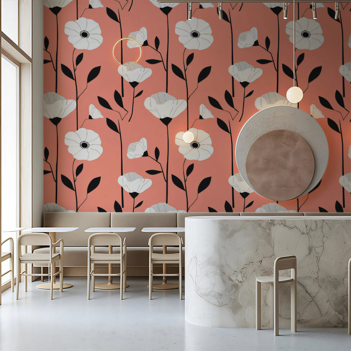 Graphic Floral Mural Wallpaper in Coral and Black Mural Wallpaper - room preview 02