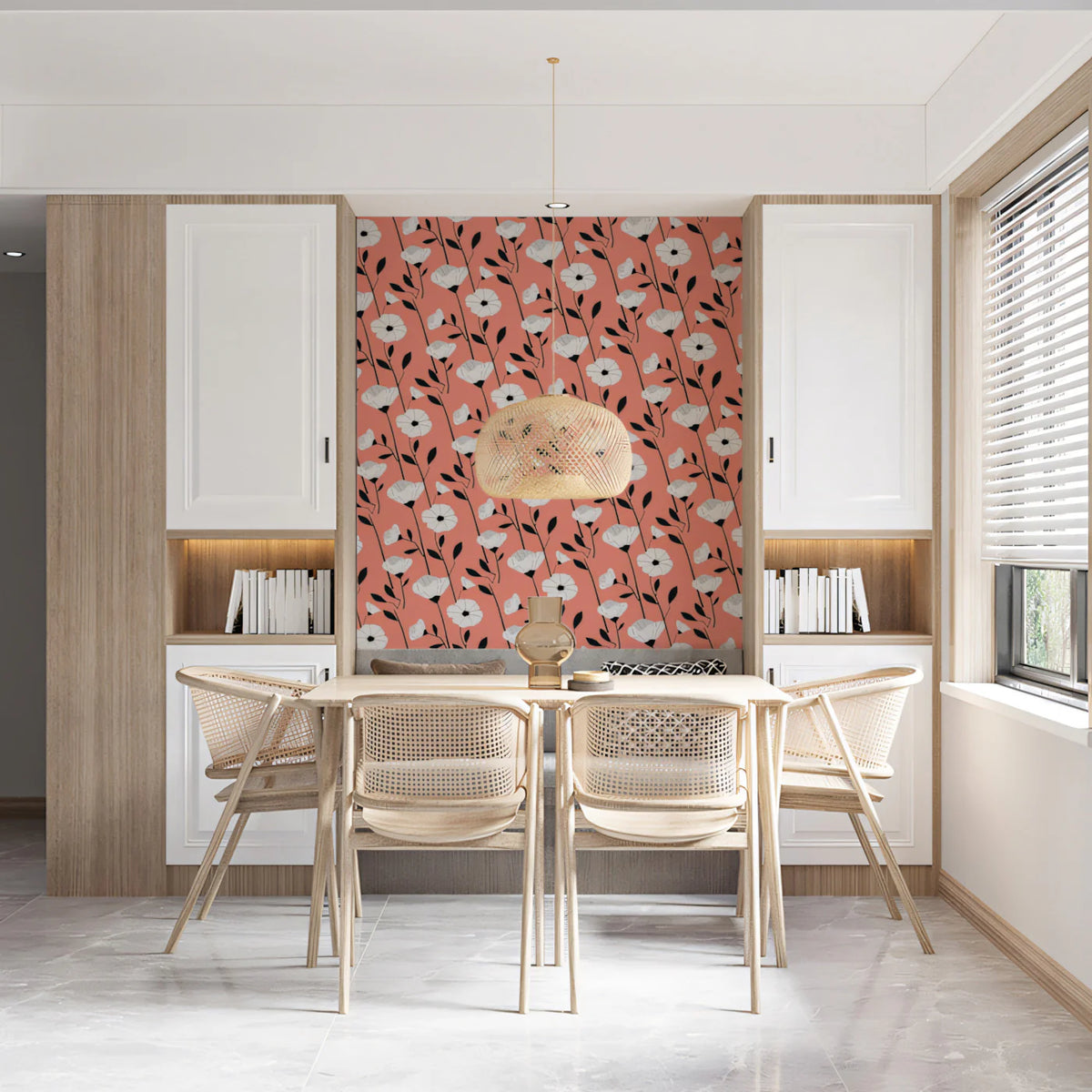 Graphic Poppy Floral Mural Wallpaper — Modern Coral and Black Print Mural Wallpaper - room preview 02