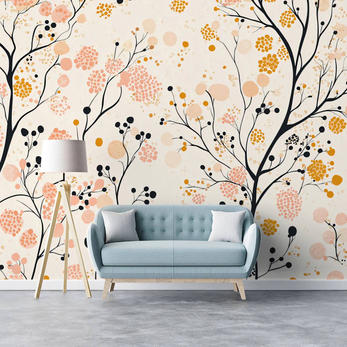 Abstract Branch & Blossom Mural Wallpaper — Modern Botanical Mural Wallpaper - room preview 02