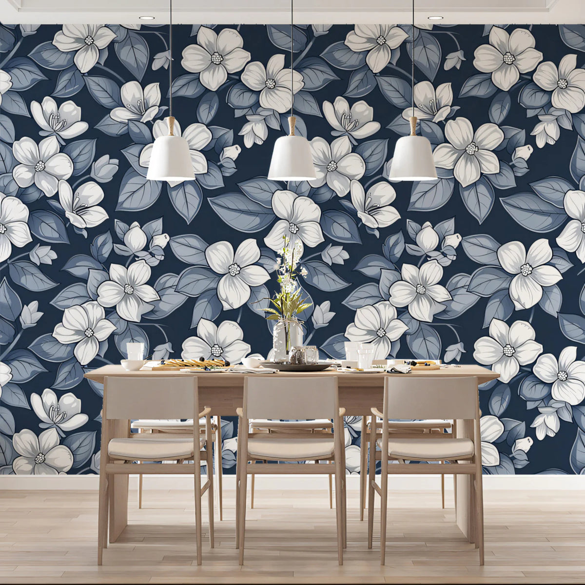 Midnight Floral Botanical Mural Wallpaper — Classic Illustration Mural Wallpaper - room preview 02