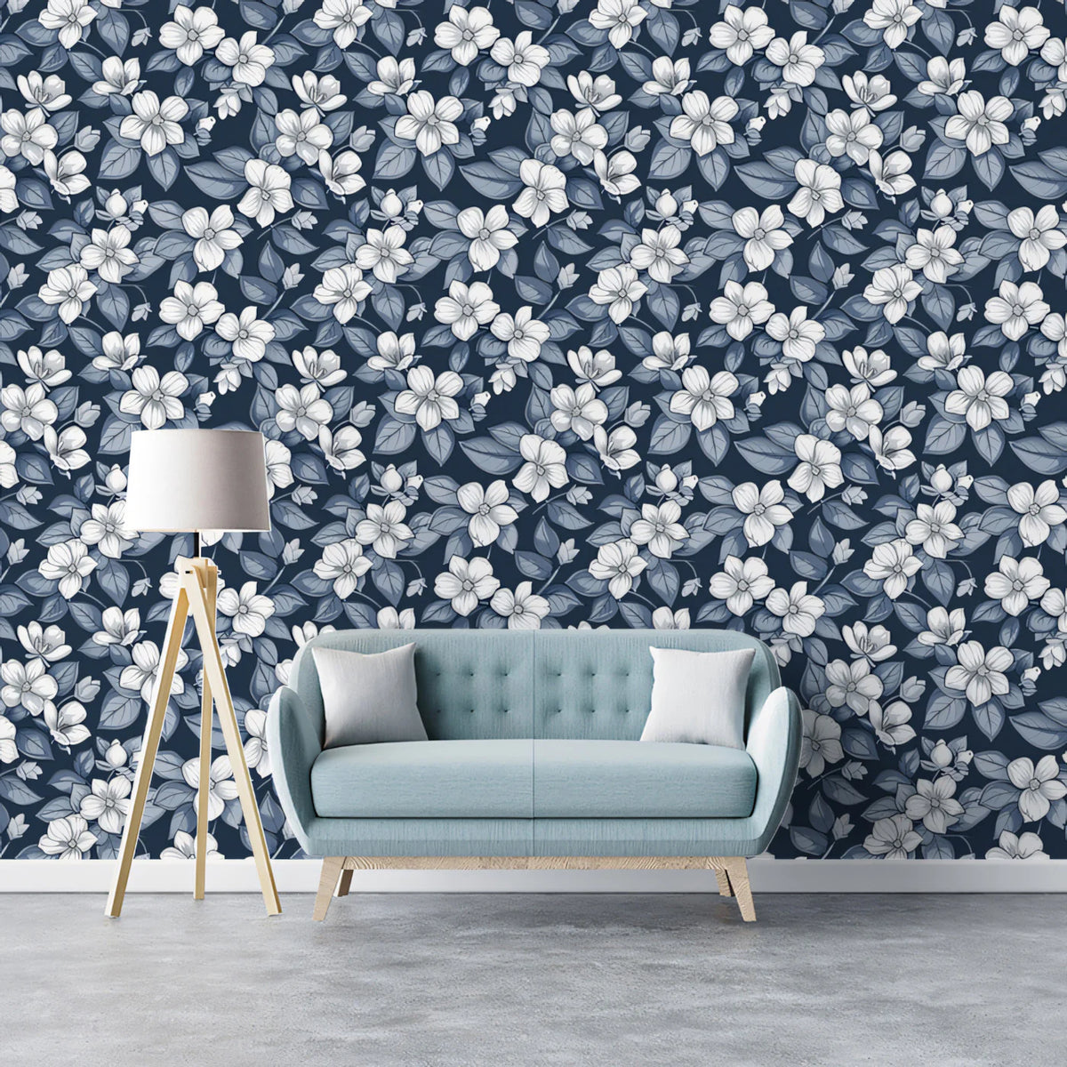 Indigo Floral Mural Wallpaper — Traditional Botanical Print Mural Wallpaper - room preview 02