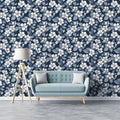 Indigo Floral Mural Wallpaper — Traditional Botanical Print Mural Wallpaper - room preview 02