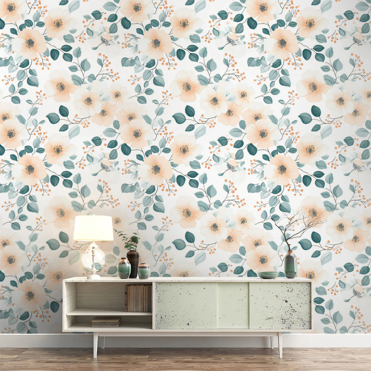 Soft Watercolor Floral Mural Wallpaper — Gentle Botanical Print Mural Wallpaper - room preview 02