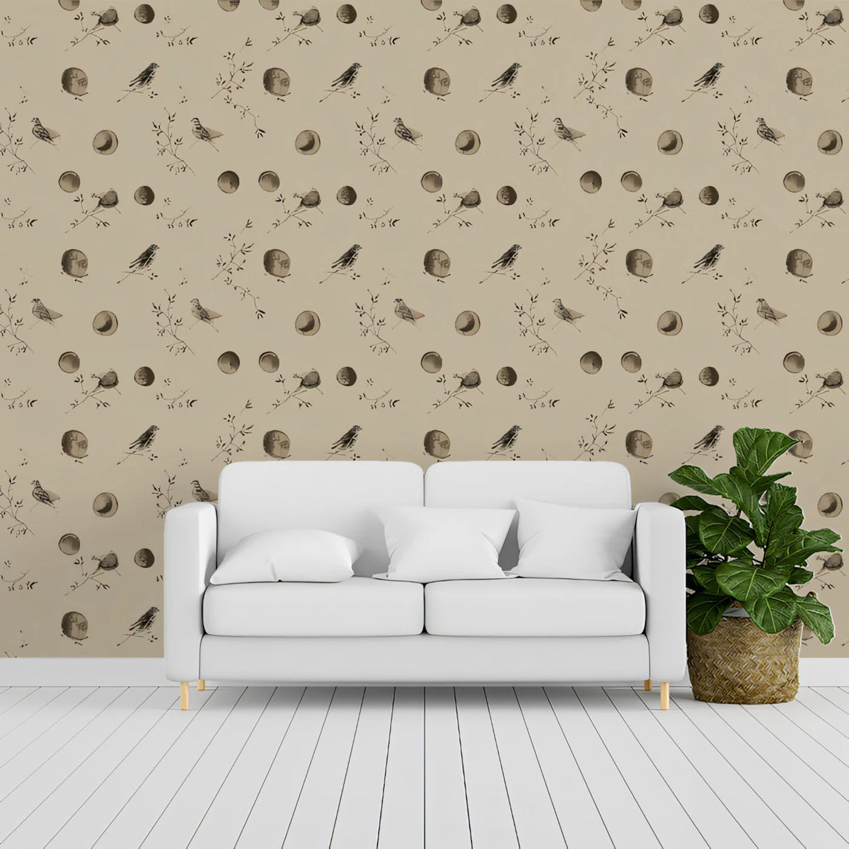 Celestial Bird and Moon Mural Wallpaper —Vintage Sepia Tones Mural Wallpaper - room preview 02