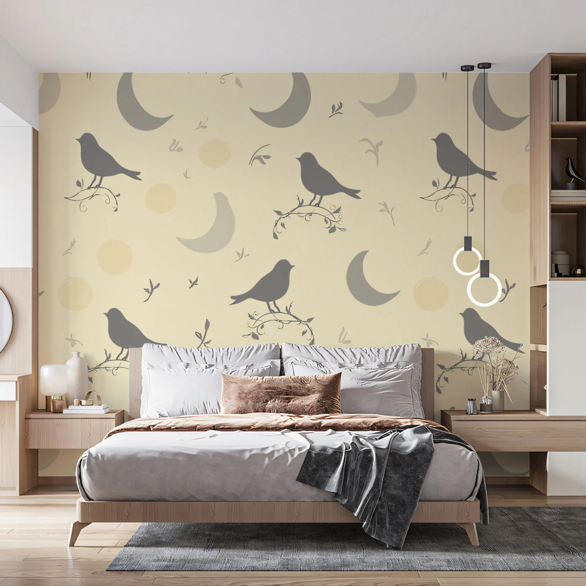 Stylized Bird and Crescent Moon Mural Wallpaper — Soft Cream Mural Wallpaper - room preview 02