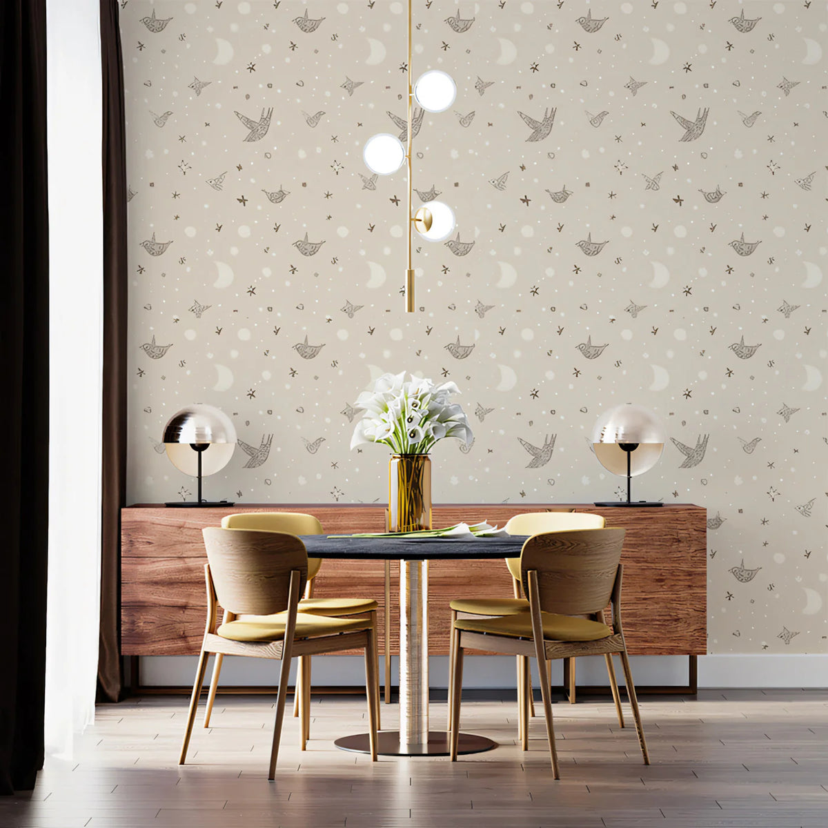 Celestial Bird and Moon Mural Wallpaper —Soft Whimsical Design Mural Wallpaper - room preview 02