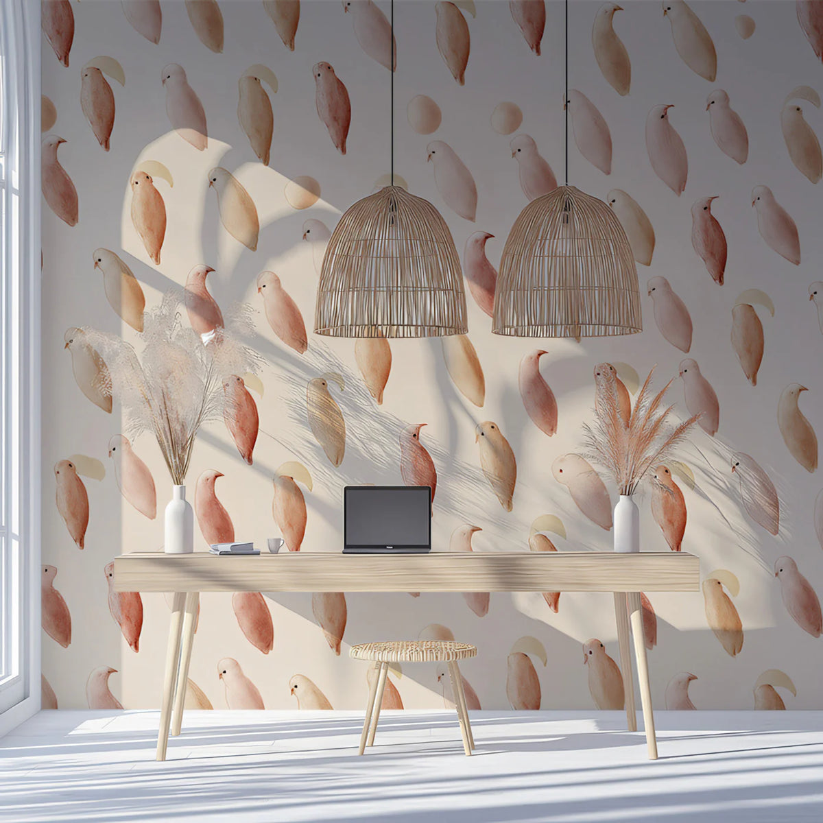 Minimalist Bird Mural Wallpaper in Soft Pastel Watercolor Tones Mural Wallpaper - room preview 02