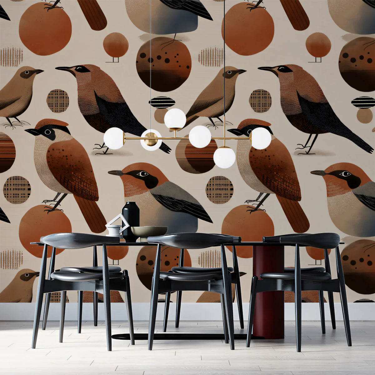 Modern Folk Bird Mural Wallpaper — Abstract Earthy Pattern Mural Wallpaper - room preview 02