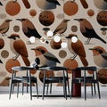 Modern Folk Bird Mural Wallpaper — Abstract Earthy Pattern Mural Wallpaper - room preview 02