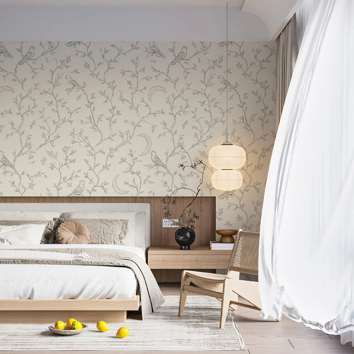 Crescent Moon and Perched Bird Mural Wallpaper — Line Art Design Mural Wallpaper - room preview 02