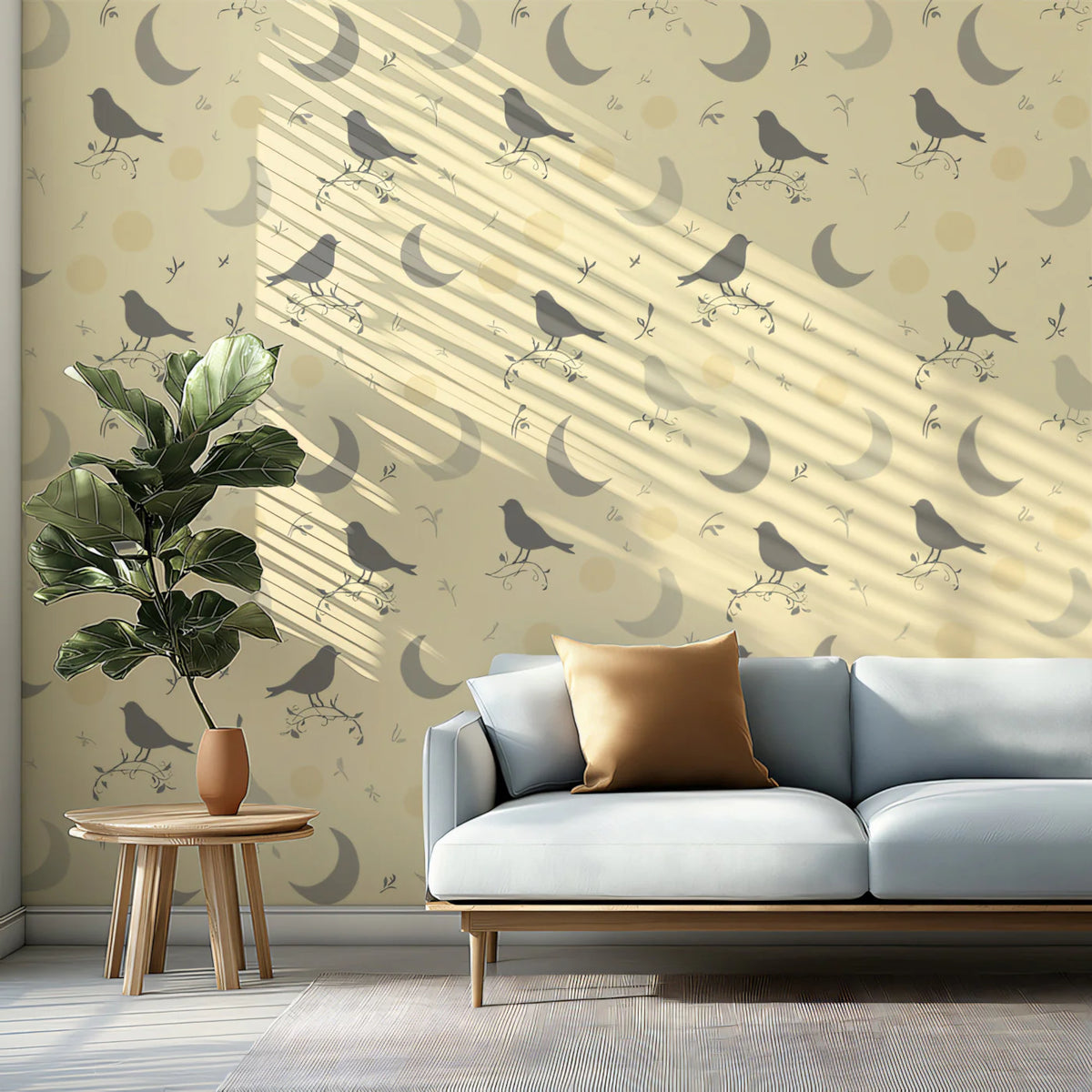 Birds and Moons Mural Wallpaper — Soft Yellow Graphic Design Mural Wallpaper - room preview 02