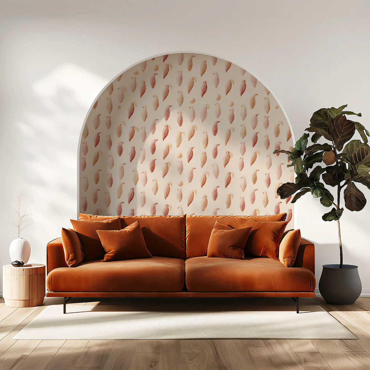 Watercolor Bird Pattern Mural Wallpaper in Muted Blush and Cream Mural Wallpaper - room preview 02