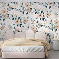 Watercolor Floral Mural Wallpaper in Peach and Teal Mural Wallpaper - room preview 02