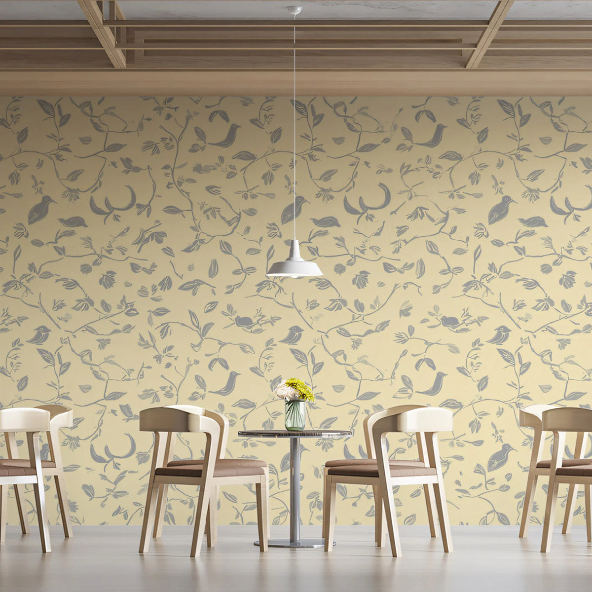 Garden Bird and Willow Branch Mural Wallpaper in Lemon Yellow Mural Wallpaper - room preview 02