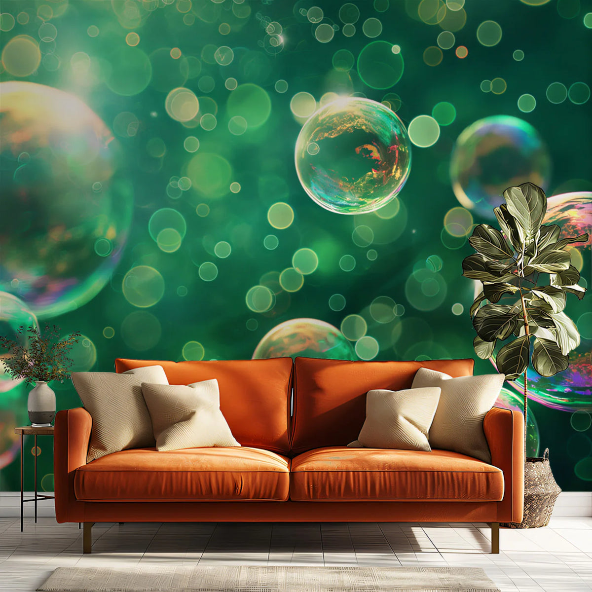 Iridescent Bubble Bokeh Mural Wallpaper — Ethereal Green Glow Mural Wallpaper - room preview 02