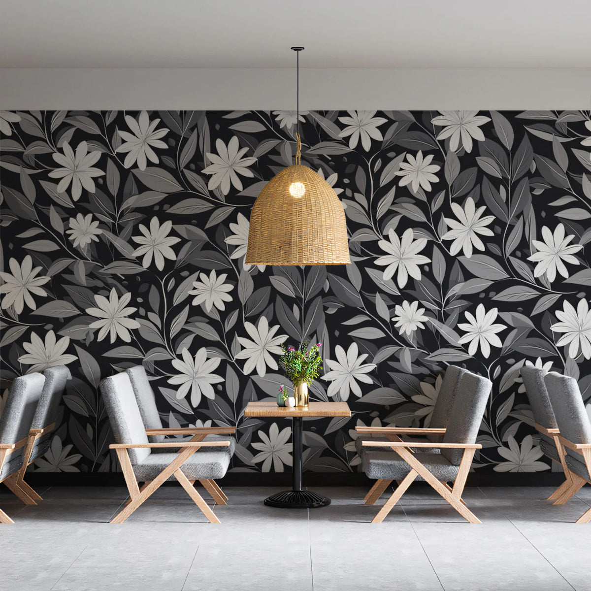 Monochrome Wildflower Mural Wallpaper — Botanical Line Art Mural Wallpaper - room preview 02