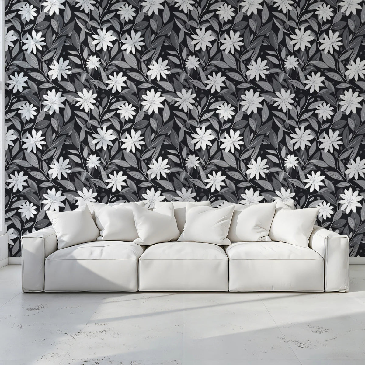 Monochrome Wildflower Garden Mural Wallpaper — Classic Floral Print Mural Wallpaper - room preview 02